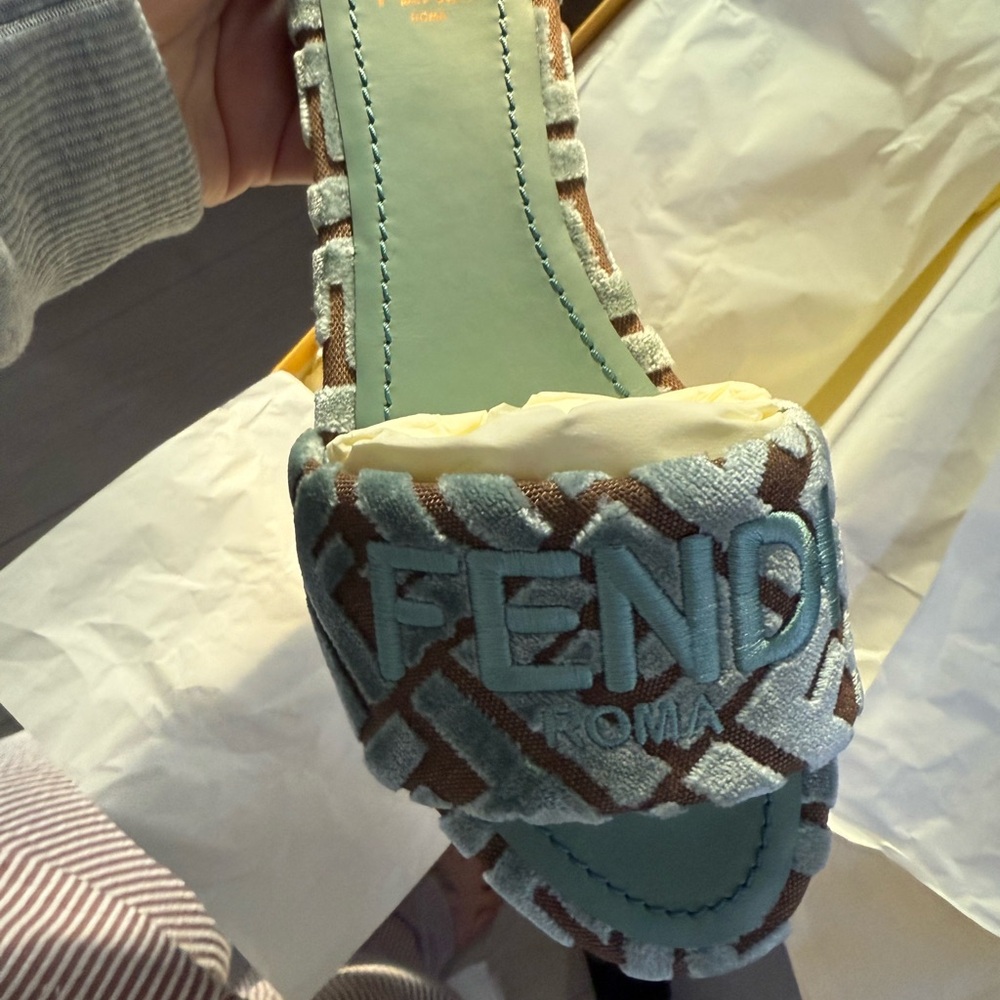 Fendi Beige and Blue Slide Sandals